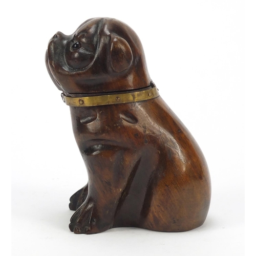 16 - Victorian carved treen Pug dog design inkwell with glass collar and ceramic liner, 11.5cm high