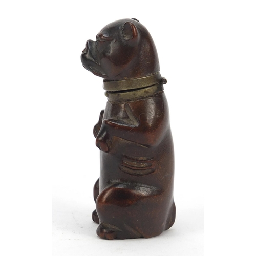 17 - Victorian carved treen Pug dog design table vesta box with brass collar, 8cm high