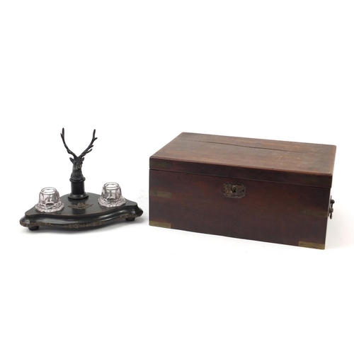 901 - Victorian camping style mahogany writing slope with brass mounts and an ebonised desk stand with bro... 