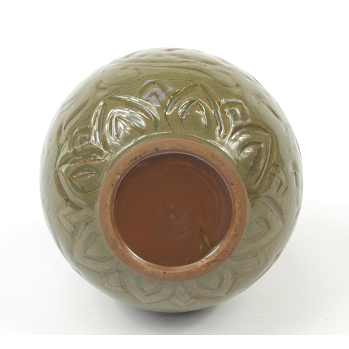 515 - Korean stoneware double gourd vase having a celadon glaze, incised with floral motifs, 33.5cm high