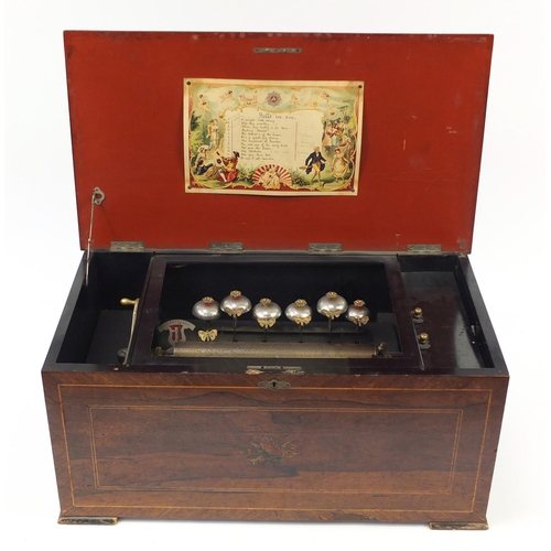 537 - Large Swiss twelve air inlaid rosewood music box having a 33 inch brass cylinder and six bells, 33cm... 