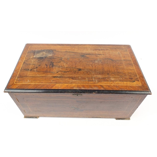 537 - Large Swiss twelve air inlaid rosewood music box having a 33 inch brass cylinder and six bells, 33cm... 