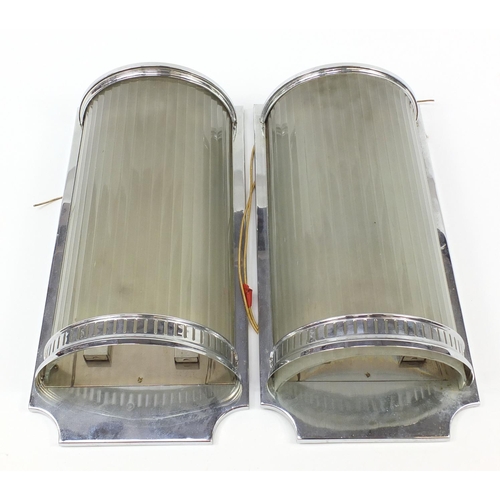 1504 - Pair of Art Deco design chrome wall lights with glass shades, each 47cm high x 24cm wide