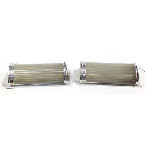 1504 - Pair of Art Deco design chrome wall lights with glass shades, each 47cm high x 24cm wide