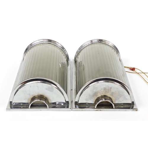 1504 - Pair of Art Deco design chrome wall lights with glass shades, each 47cm high x 24cm wide