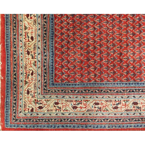 1448 - Rectangular Saraband Hamadan Boteh design rug with repeat central field and with mythical animal des... 