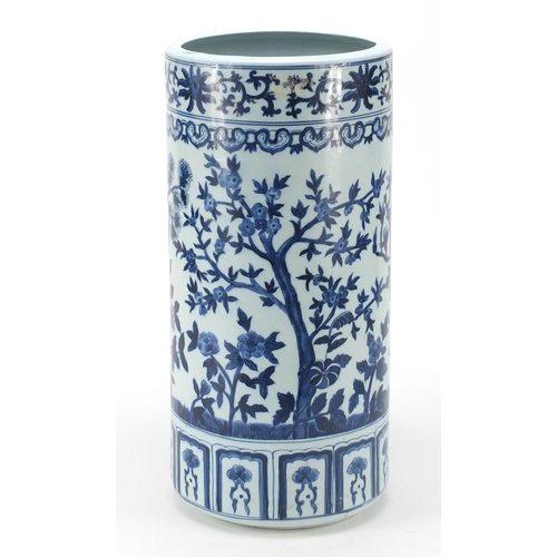 3789 - Chinese blue and white porcelain stick stand hand painted with flowers, 42cm high