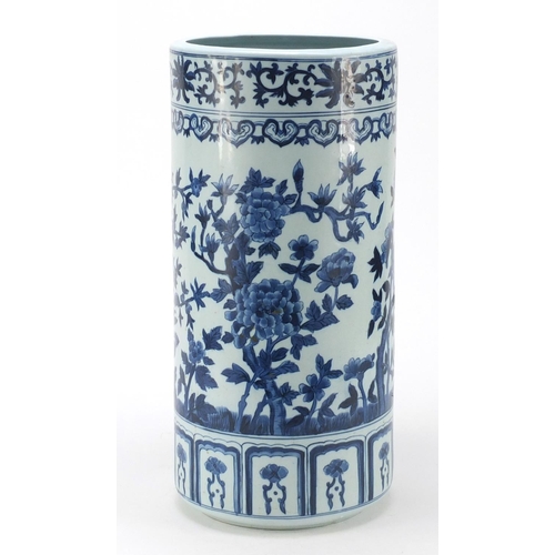 3789 - Chinese blue and white porcelain stick stand hand painted with flowers, 42cm high