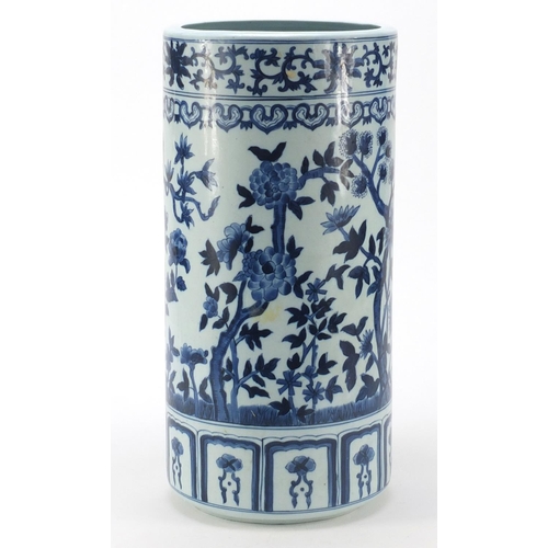 3789 - Chinese blue and white porcelain stick stand hand painted with flowers, 42cm high