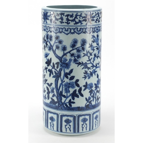 3789 - Chinese blue and white porcelain stick stand hand painted with flowers, 42cm high