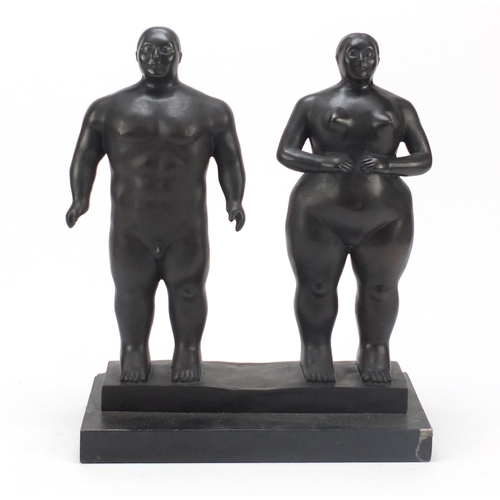 1009 - Modernist patinated bronze group of a standing nude male and female in the manner of Fernado Botero,... 