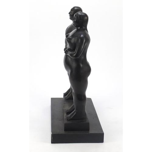 1009 - Modernist patinated bronze group of a standing nude male and female in the manner of Fernado Botero,... 