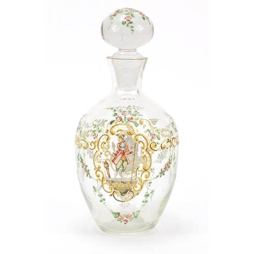 139 - French glass decanter enamelled with a figure and flowers, 21cm high