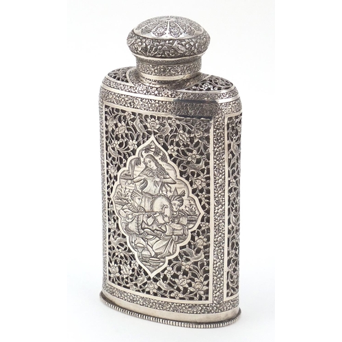 3082 - Good 19th century Persian silver overlaid glass flask finely engraved and pierced with figures, bird... 