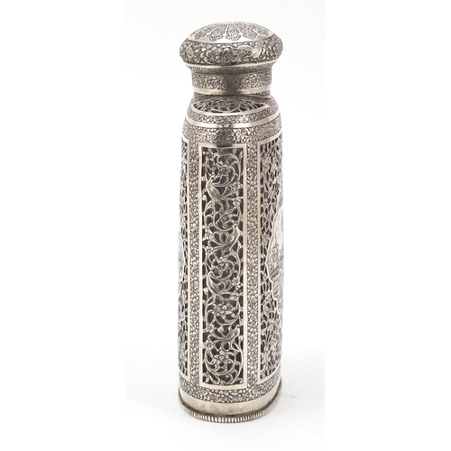 3082 - Good 19th century Persian silver overlaid glass flask finely engraved and pierced with figures, bird... 