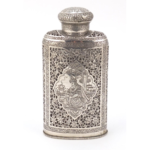 3082 - Good 19th century Persian silver overlaid glass flask finely engraved and pierced with figures, bird... 