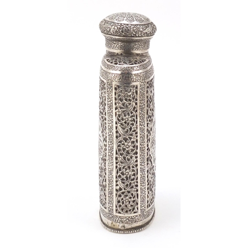 3082 - Good 19th century Persian silver overlaid glass flask finely engraved and pierced with figures, bird... 