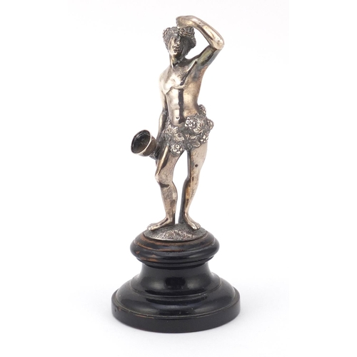 3040 - Walter & John Barnard, 19th century silver figure of Bacchus, raised on an ebonised wood base, 13.5c... 