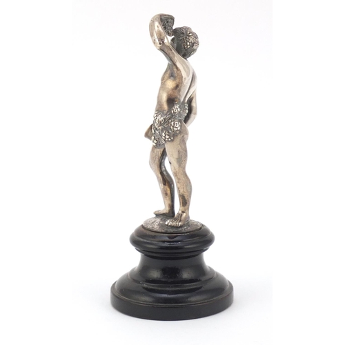 3040 - Walter & John Barnard, 19th century silver figure of Bacchus, raised on an ebonised wood base, 13.5c... 