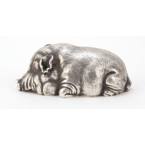 3068 - Russian silver model of a pig with pink glass eyes, impressed marks to the base, 9cm in length, 97.0... 