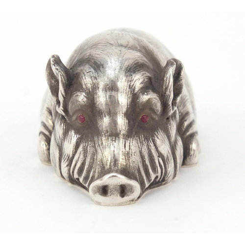 3068 - Russian silver model of a pig with pink glass eyes, impressed marks to the base, 9cm in length, 97.0... 