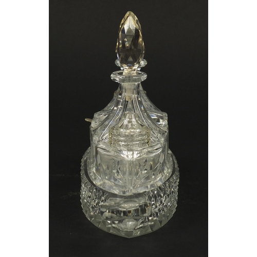 103 - Cut glass boat cruet stand with bottles, 31cm wide