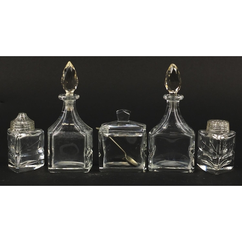 103 - Cut glass boat cruet stand with bottles, 31cm wide