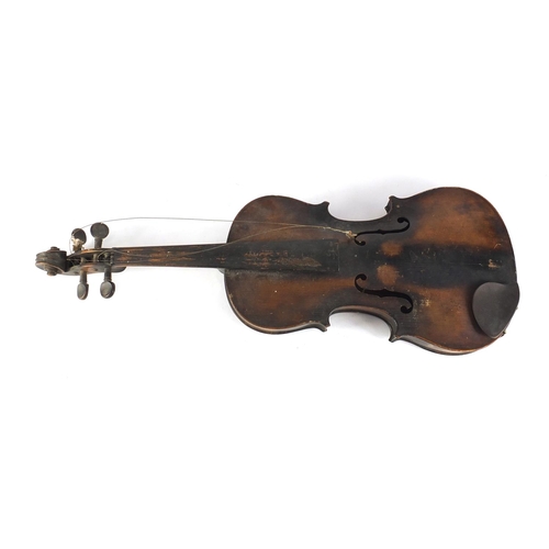 534 - Old wooden violin with scrolled neck, the violin back 14 inches in length