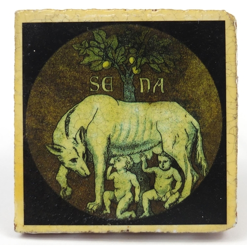 485 - Antique Continental pottery tile depicting Romulus and Remus, 10cm x 10cm