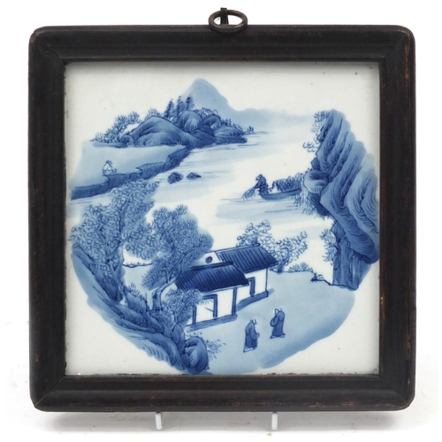 3795 - Chinese blue and white porcelain panel housed in a hardwood frame, hand painted with two figures in ... 