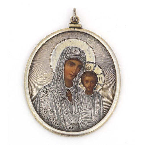 3065 - Russian silver icon pendant hand painted with Madonna and child, Moscow 1898-1914, 8.5cm high, 59.5g