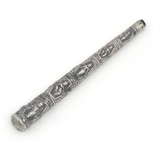 3080 - Burmese silver coloured metal walking stick handle embossed with deities, 23cm in length, 109.0g