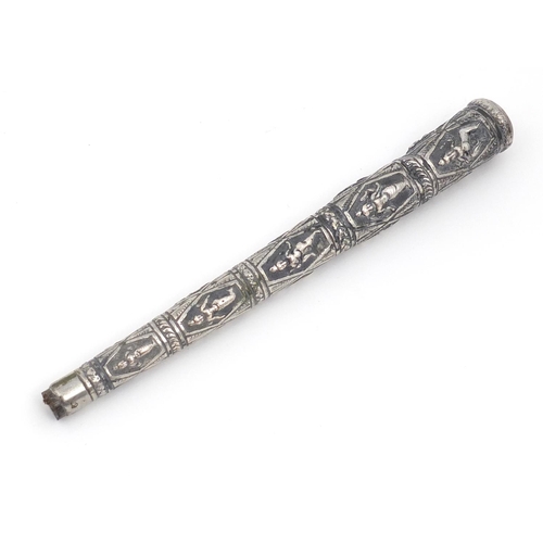 3080 - Burmese silver coloured metal walking stick handle embossed with deities, 23cm in length, 109.0g