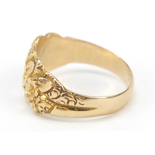 2303 - Unmarked gold flower head and love heart ring, size O, 4.2g