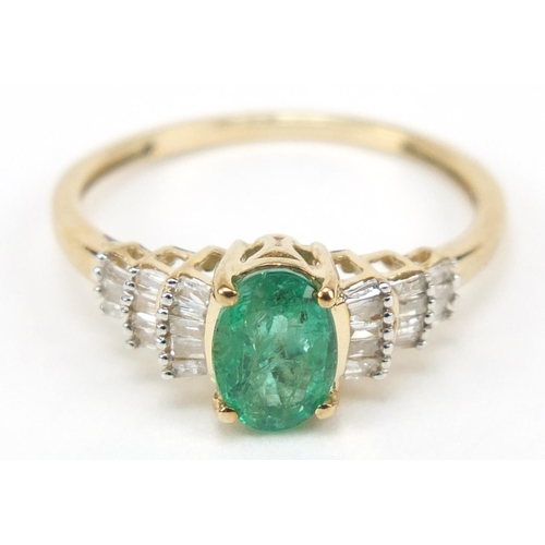 2357 - Unmarked gold emerald ring set with diamonds set stepped shoulders, size L, 1.5g