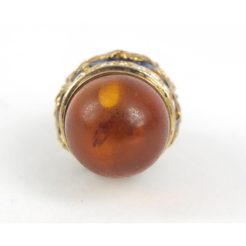 2351 - Russian unmarked silver gilt enamel and amber egg pendant, 3cm in length, 8.0g