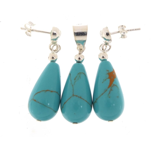 2936 - Silver and turquoise tear drop pendant with matching earrings, 3.5cm in length, 10.0g