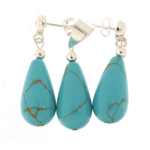 2936 - Silver and turquoise tear drop pendant with matching earrings, 3.5cm in length, 10.0g