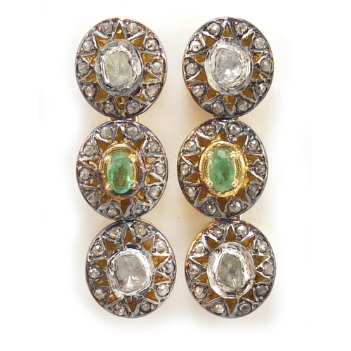 2384 - Pair of Indian silver gilt diamond and greenstone drop earrings, 3.5cm high, 19.4g