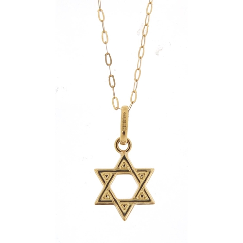 2401 - 9ct gold Star of David pendant on a 9ct gold necklace, the pendant 1.6cm high, total 0.5g