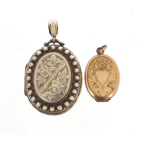 2385 - Victorian aesthetic silver coloured metal locket and a gold plated example, the largest 5.5cm high, ... 