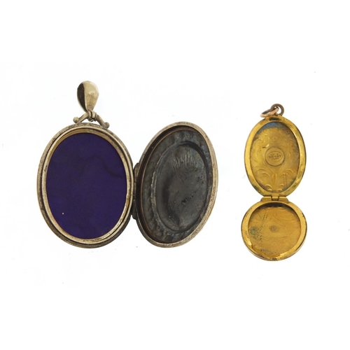 2385 - Victorian aesthetic silver coloured metal locket and a gold plated example, the largest 5.5cm high, ... 