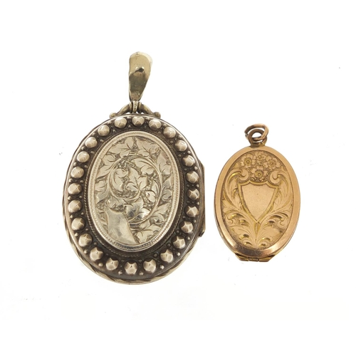 2385 - Victorian aesthetic silver coloured metal locket and a gold plated example, the largest 5.5cm high, ... 