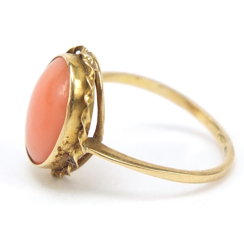 2364 - 18ct gold cabochon coral ring, size M, 2.2g