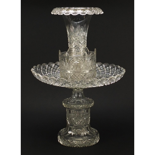 101 - Good large 19th century cut glass table centrepiece, possibly Irish, of four sections with trumpet v... 