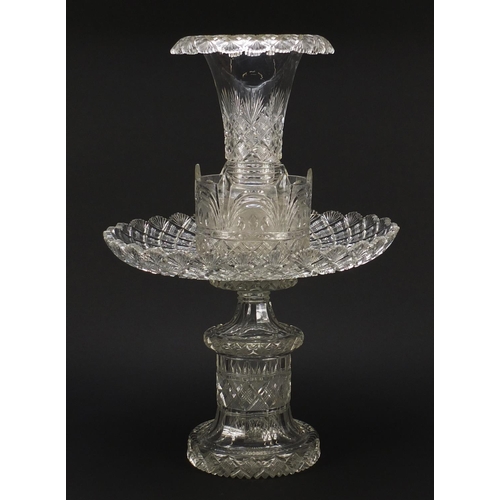 101 - Good large 19th century cut glass table centrepiece, possibly Irish, of four sections with trumpet v... 