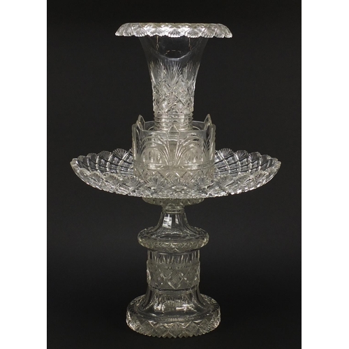 101 - Good large 19th century cut glass table centrepiece, possibly Irish, of four sections with trumpet v... 