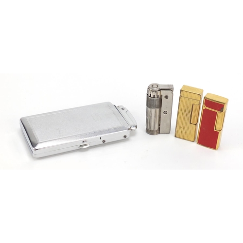 874 - Vintage lighter cigarette case and three lighters including Dunhill and Cross with red enamel, the l... 