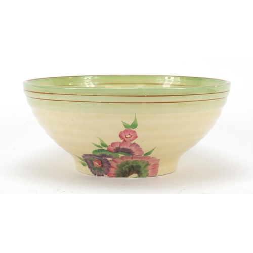 451 - Clarice Cliff, Newport Pottery Pansy bowl with salad servers, the bowl 22cm in diameter