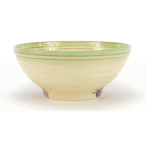 451 - Clarice Cliff, Newport Pottery Pansy bowl with salad servers, the bowl 22cm in diameter